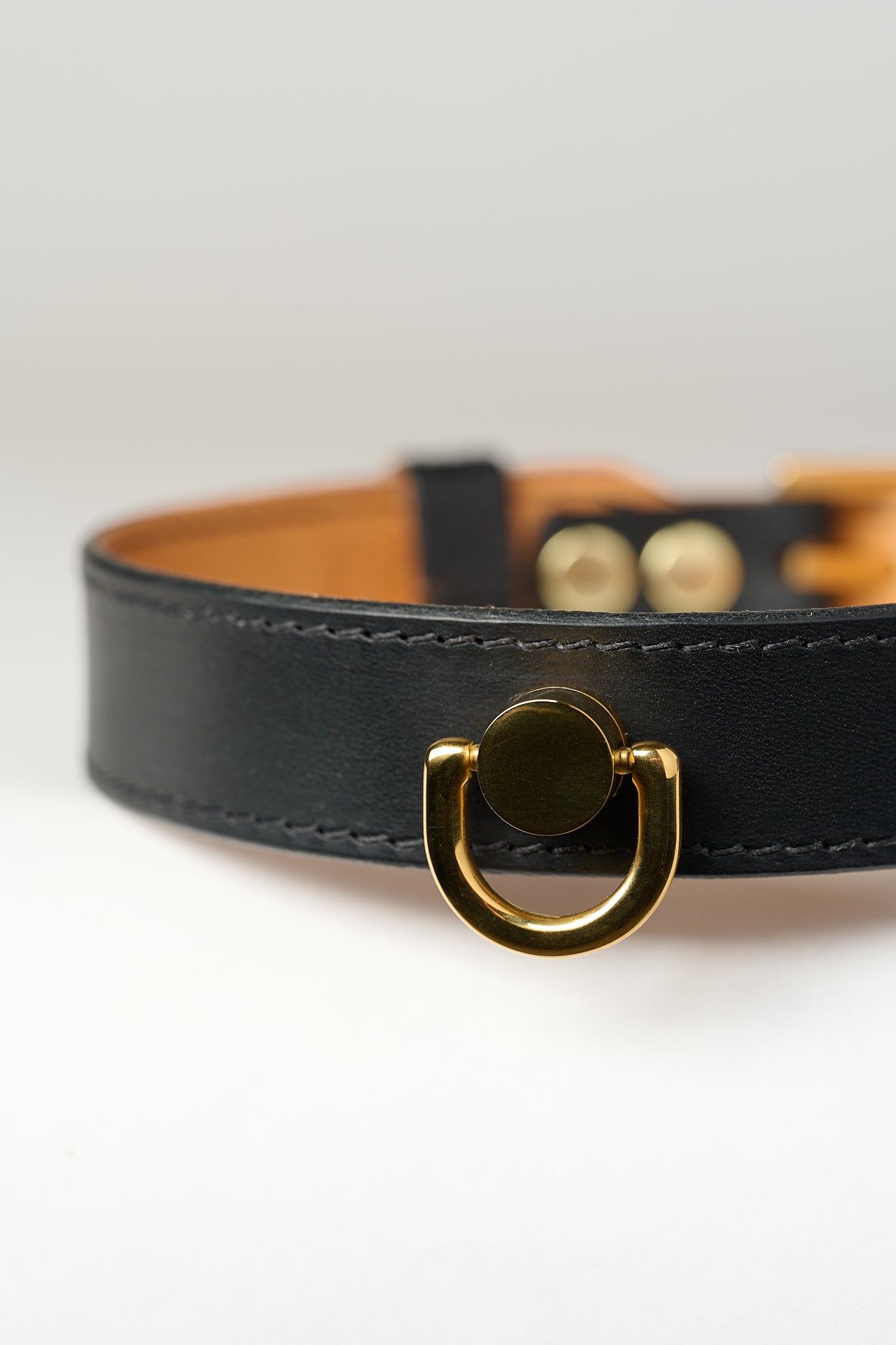 A close-up image of a luxury leather bondage collar with a 24k gold stainless steel buckle, predominantly black in color.