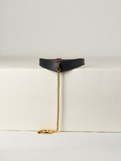Black leather necklace with gold chain on a white surface