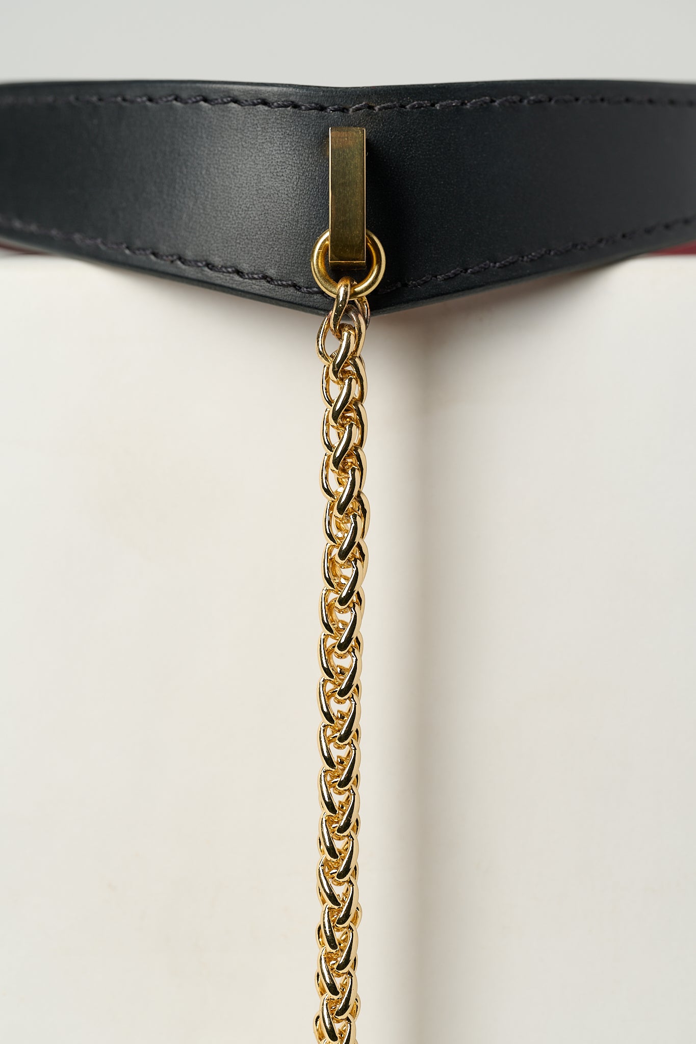Gold chain attached to a black necklace on a white background