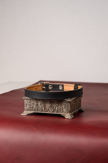Black leather collar with decorative buckle on a red background