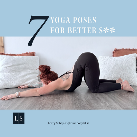 Woman performing a yoga pose on wood floor with text overlay about yoga poses for better intimicy.