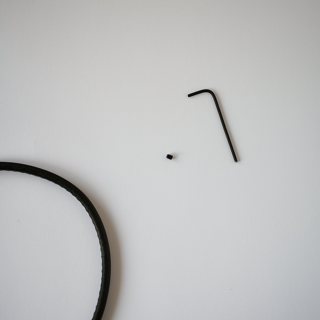 Small black screw and Allen wrench on a light gray background