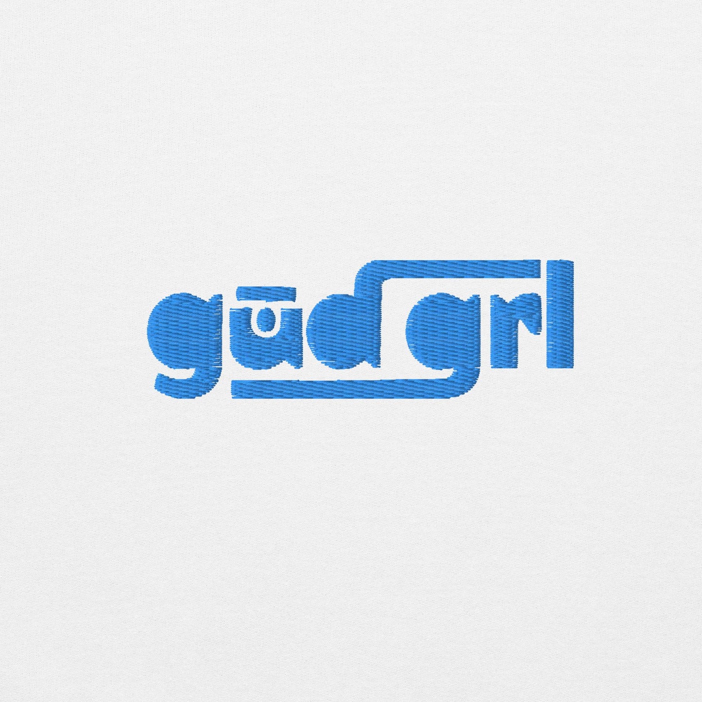 white crewneck sweatshirt light blue gūd grl embroidery