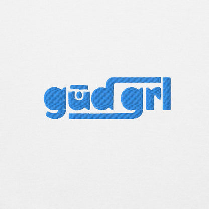 white crewneck sweatshirt light blue gūd grl embroidery